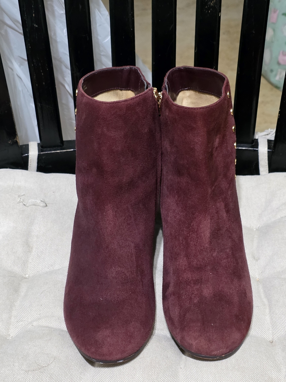 Ralph Lauren Wine Suede Ankle Booties with Gold Stud Accents Ised Size 7.5